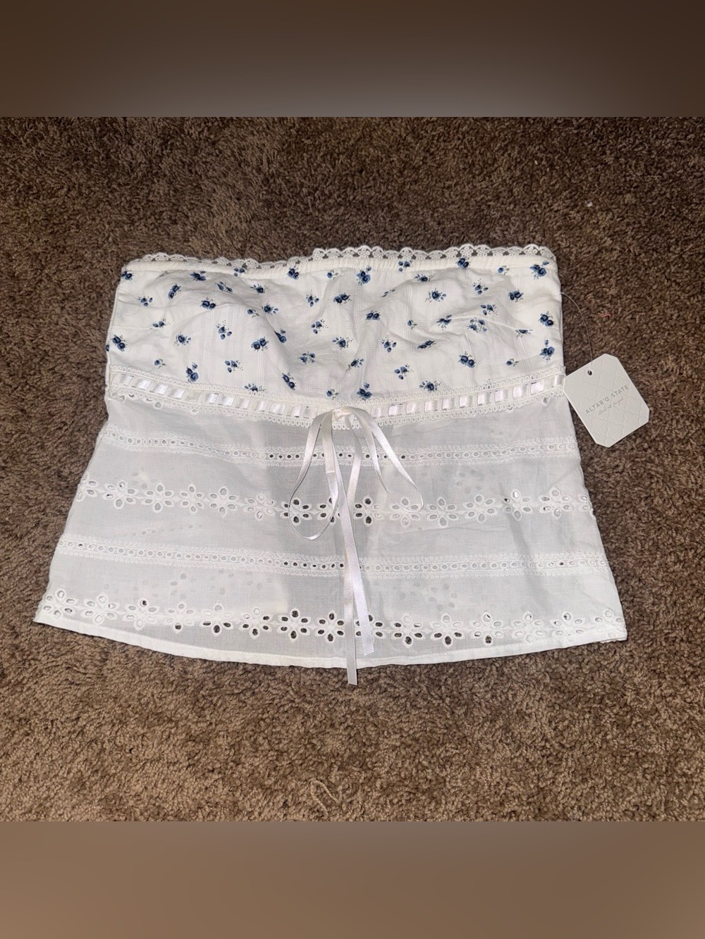 Altar’d state butterfly top White tube crop top with blue floral embroidery